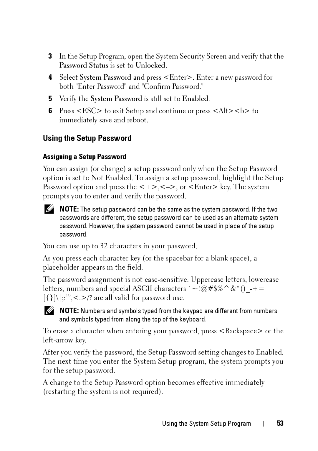 Dell R900 manual Using the Setup Password, Assigning a Setup Password 