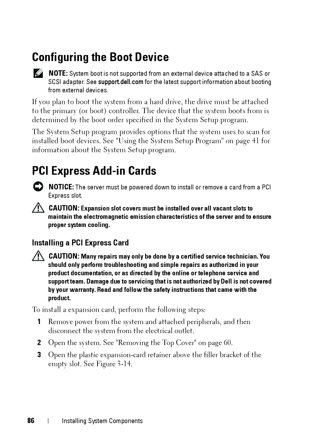 Dell R900 manual Configuring the Boot Device, PCI Express Add-in Cards, Installing a PCI Express Card 