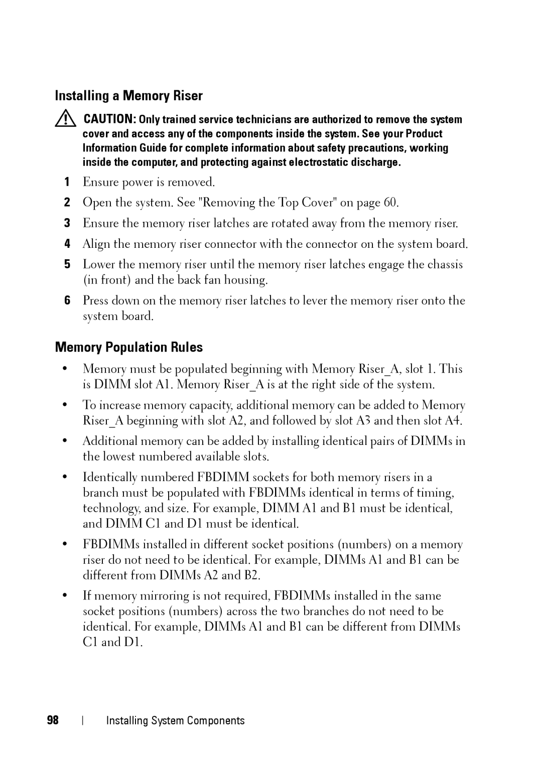 Dell R900 manual Installing a Memory Riser, Memory Population Rules 