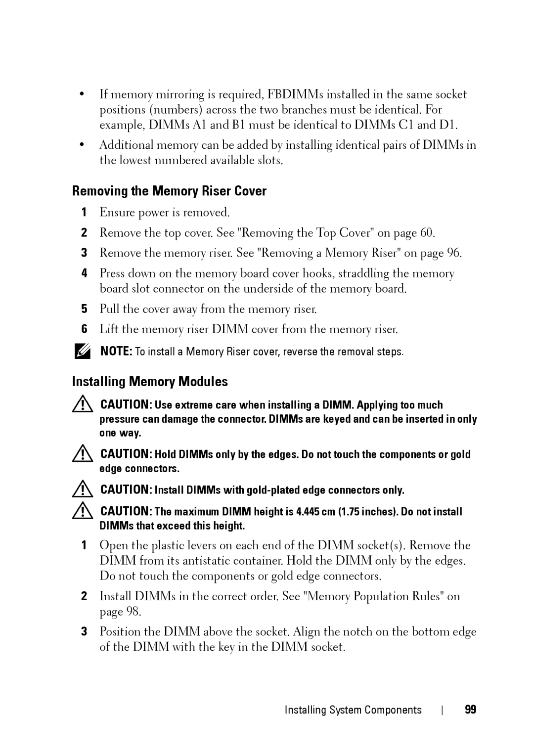 Dell R900 manual Removing the Memory Riser Cover, Installing Memory Modules 