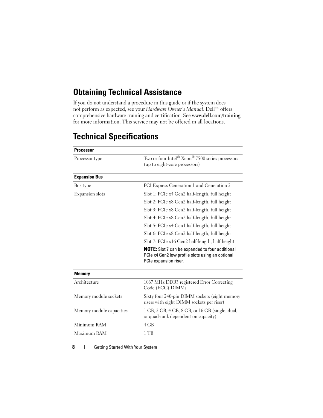 Dell R910 manual Obtaining Technical Assistance Technical Specifications 