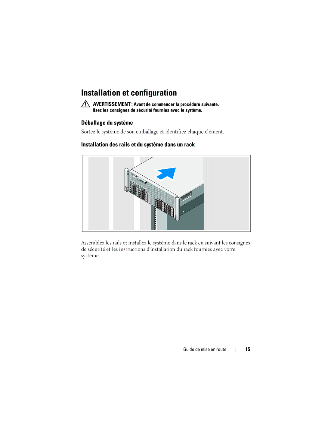 Dell R910 manual Installation et configuration, Déballage du système, Installation des rails et du système dans un rack 