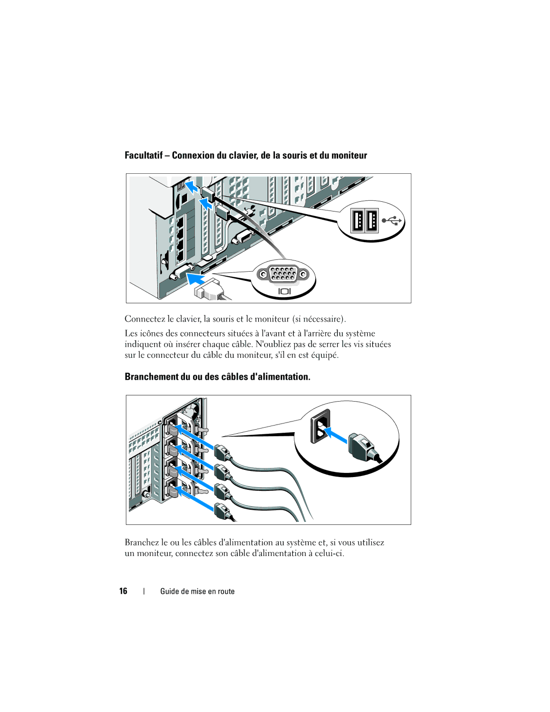 Dell R910 manual Facultatif Connexion du clavier, de la souris et du moniteur, Branchement du ou des câbles dalimentation 