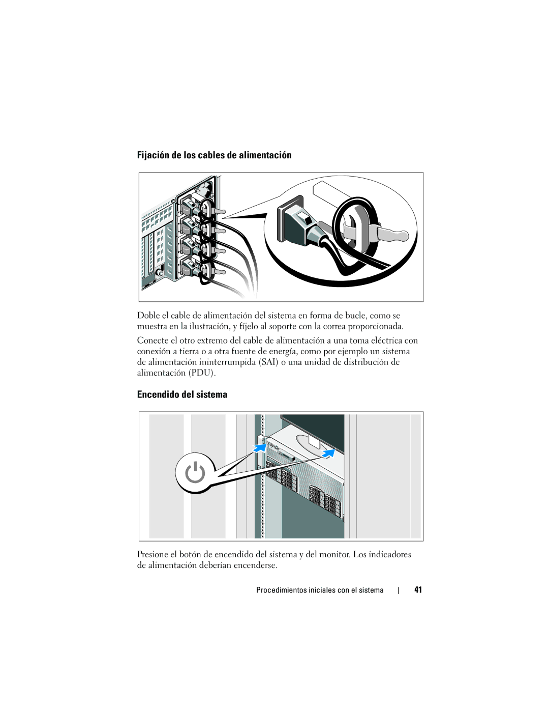 Dell R910 manual Fijación de los cables de alimentación, Encendido del sistema 