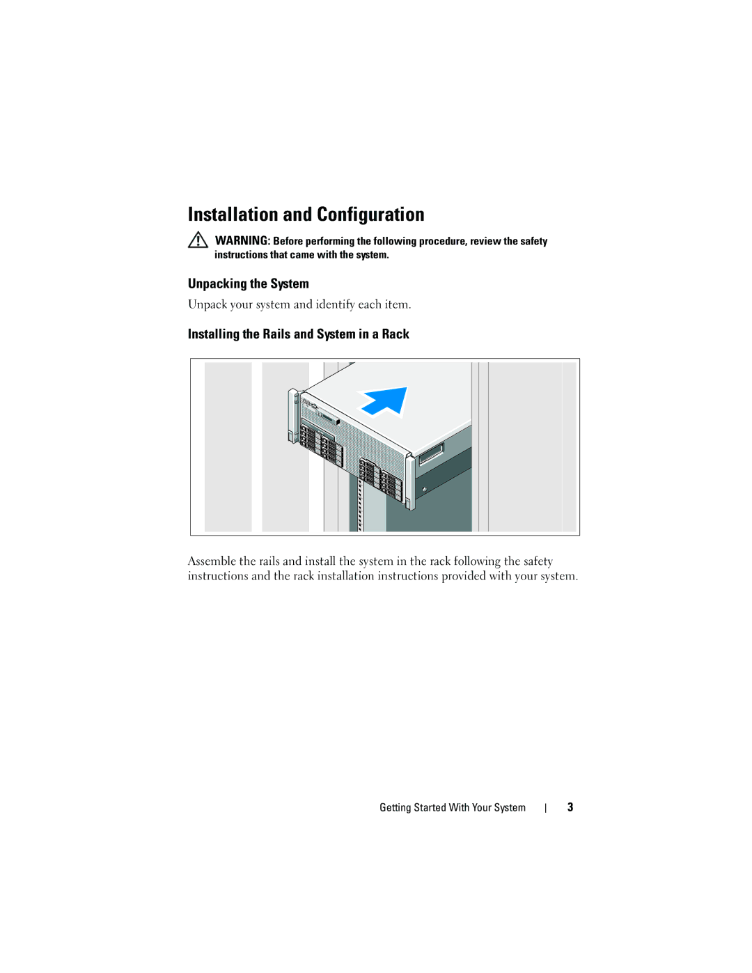 Dell R910 manual Installation and Configuration, Unpacking the System, Installing the Rails and System in a Rack 