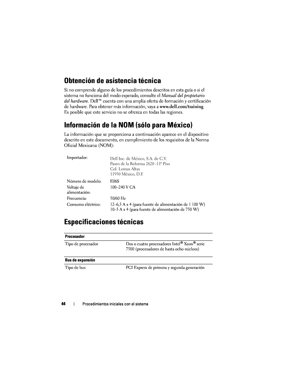 Dell R910 manual Obtención de asistencia técnica, Información de la NOM sólo para México, Especificaciones técnicas 