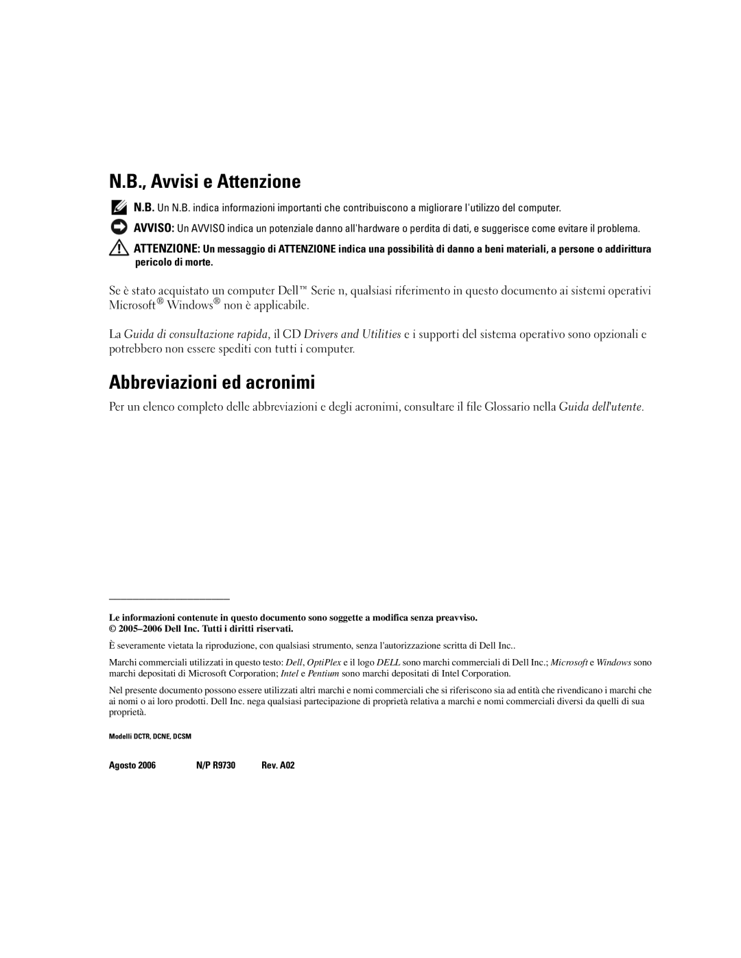 Dell R9730 manual Avvisi e Attenzione, Abbreviazioni ed acronimi 