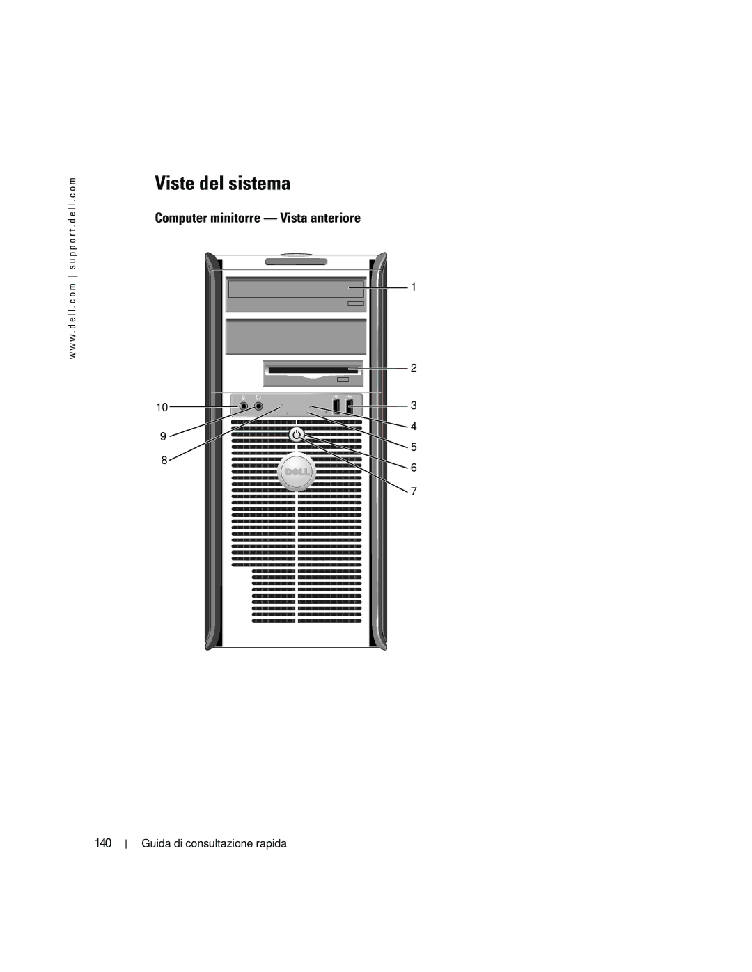 Dell R9730 manual Viste del sistema, Computer minitorre Vista anteriore, 140 