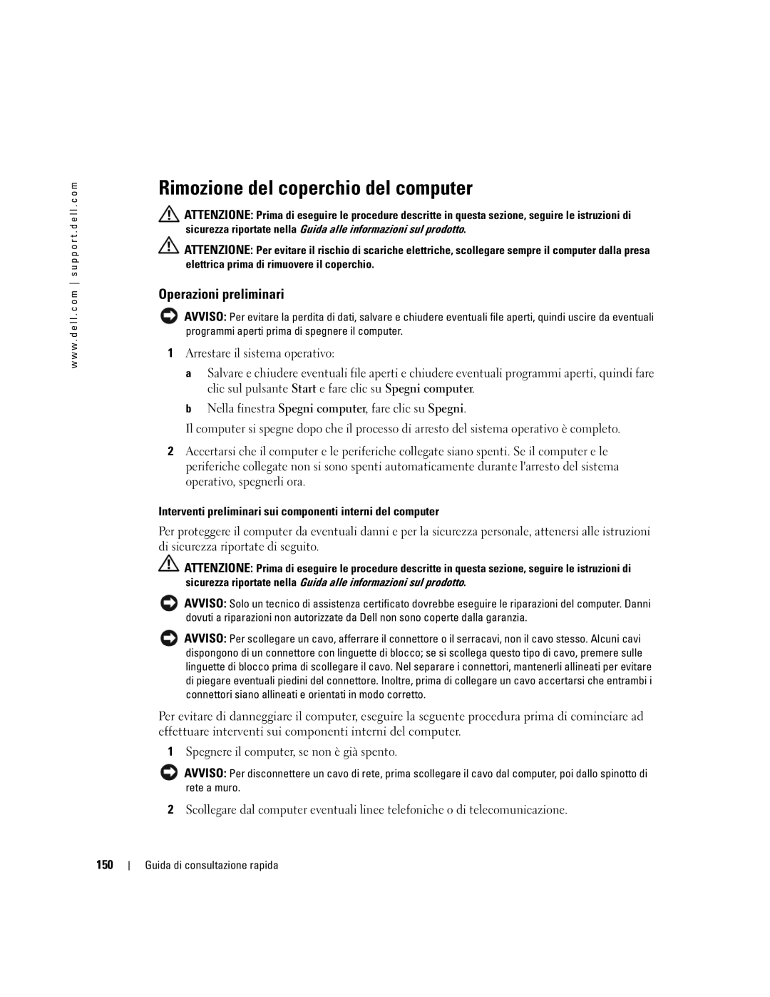 Dell R9730 manual Rimozione del coperchio del computer, Operazioni preliminari, 150 