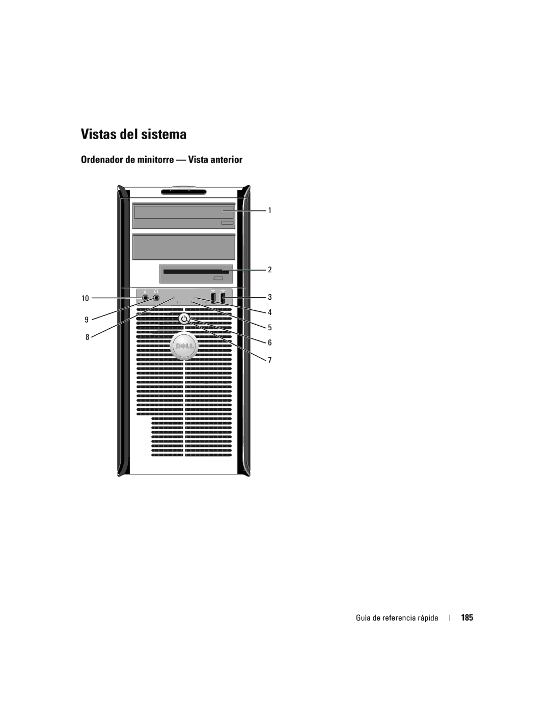 Dell R9730 manual Vistas del sistema, Ordenador de minitorre Vista anterior, 185 