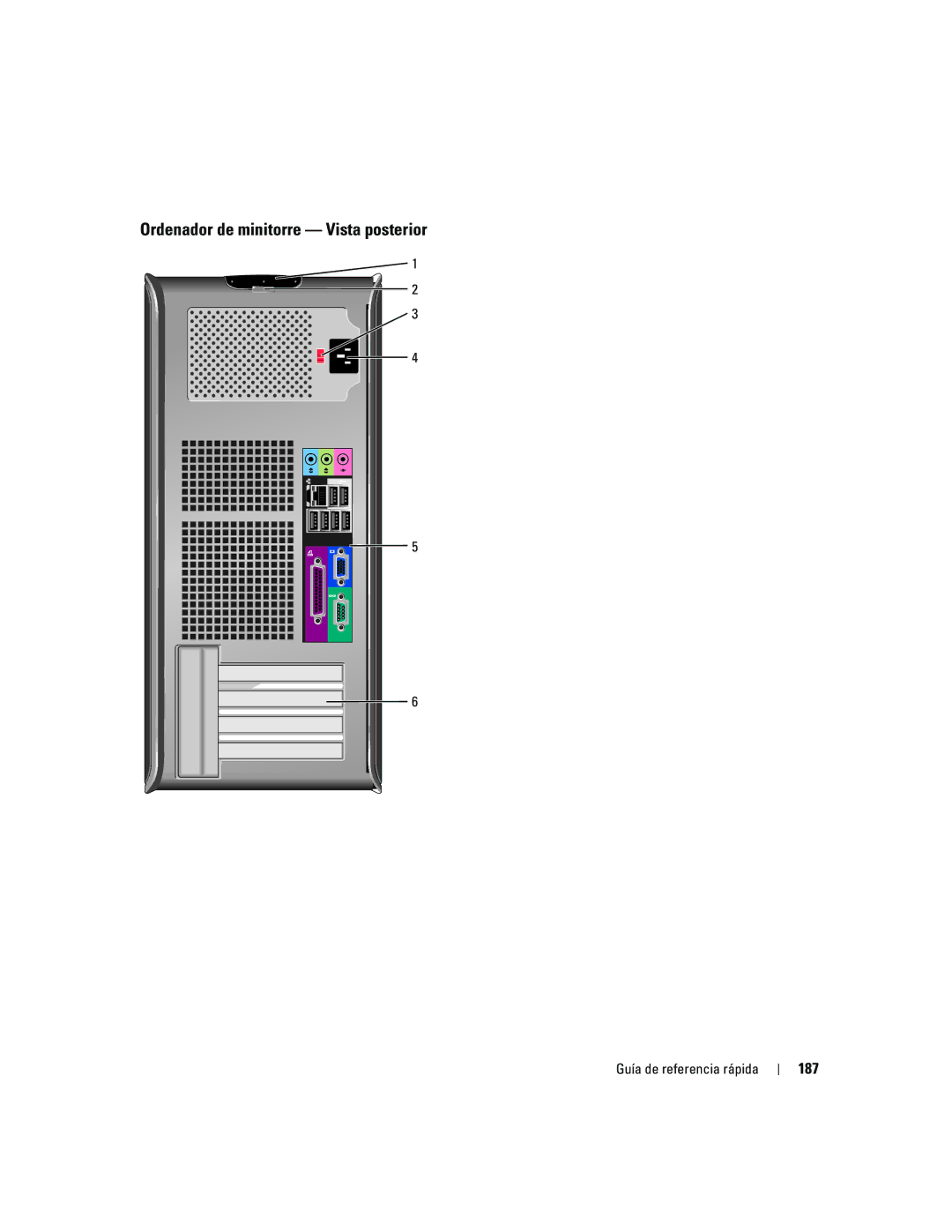 Dell R9730 manual Ordenador de minitorre Vista posterior, 187 