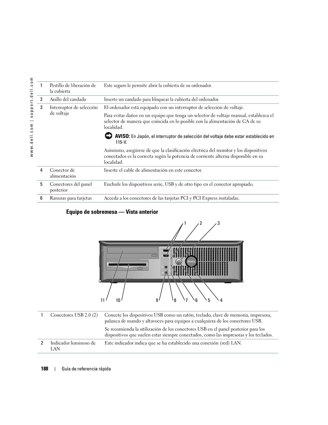 Dell R9730 manual Equipo de sobremesa Vista anterior, 188 