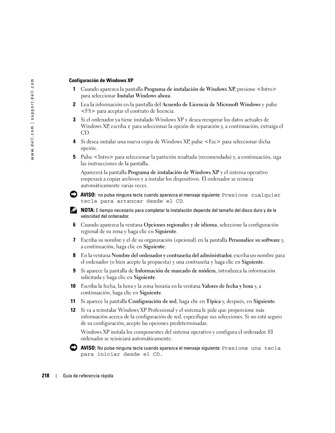 Dell R9730 manual Configuración de Windows XP, 218 