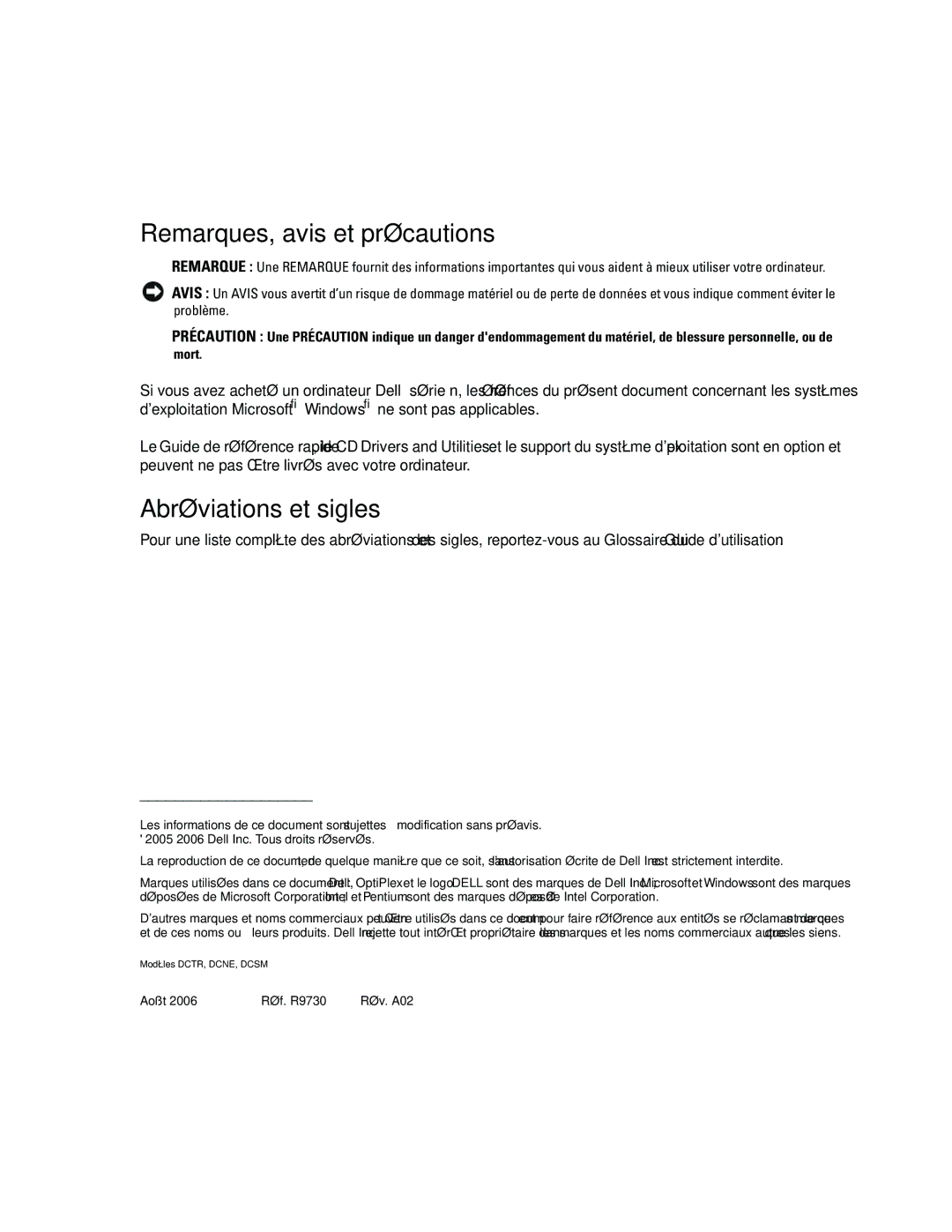 Dell R9730 manual Remarques, avis et précautions, Abréviations et sigles 