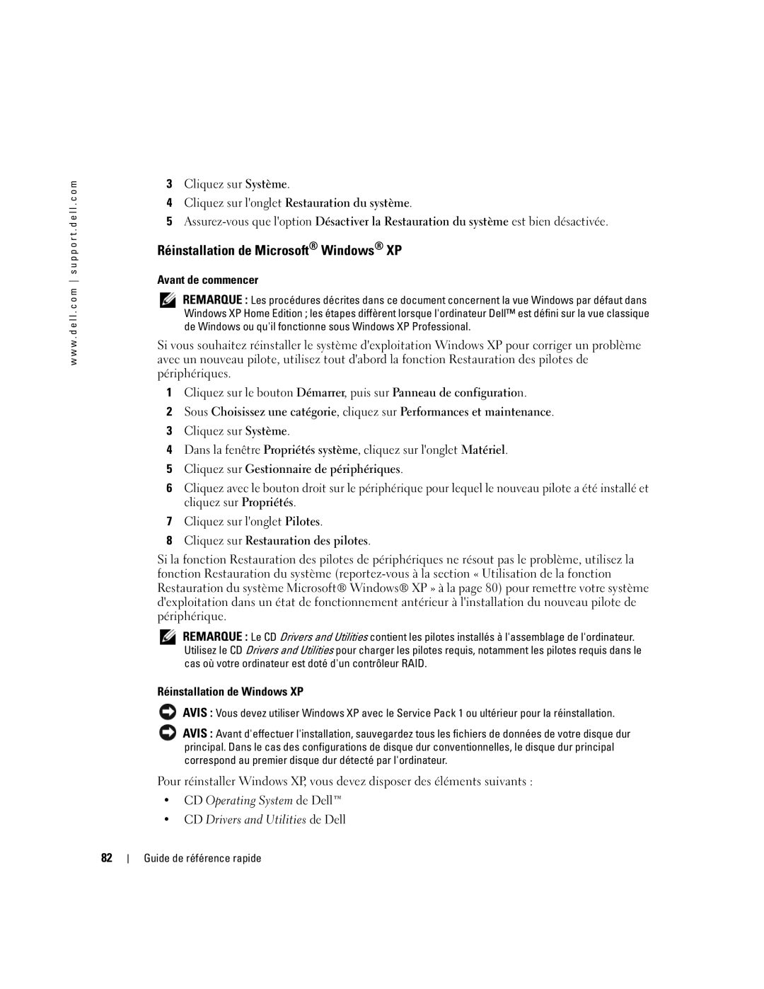 Dell R9730 manual Réinstallation de Microsoft Windows XP 