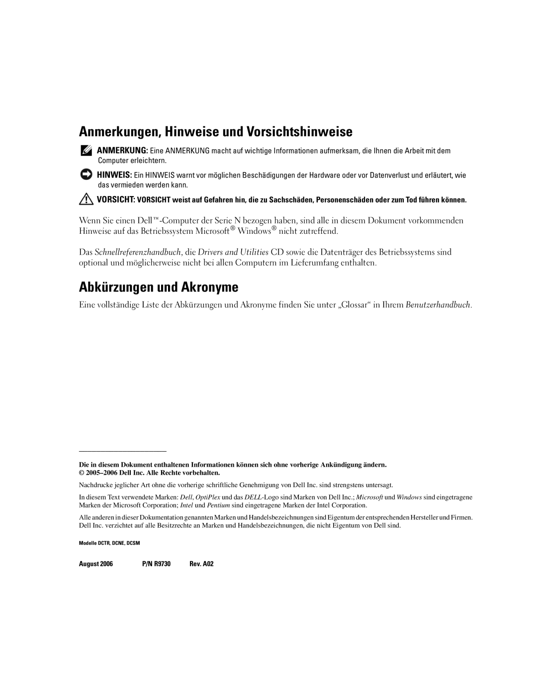 Dell R9730 manual Anmerkungen, Hinweise und Vorsichtshinweise, Abkürzungen und Akronyme 