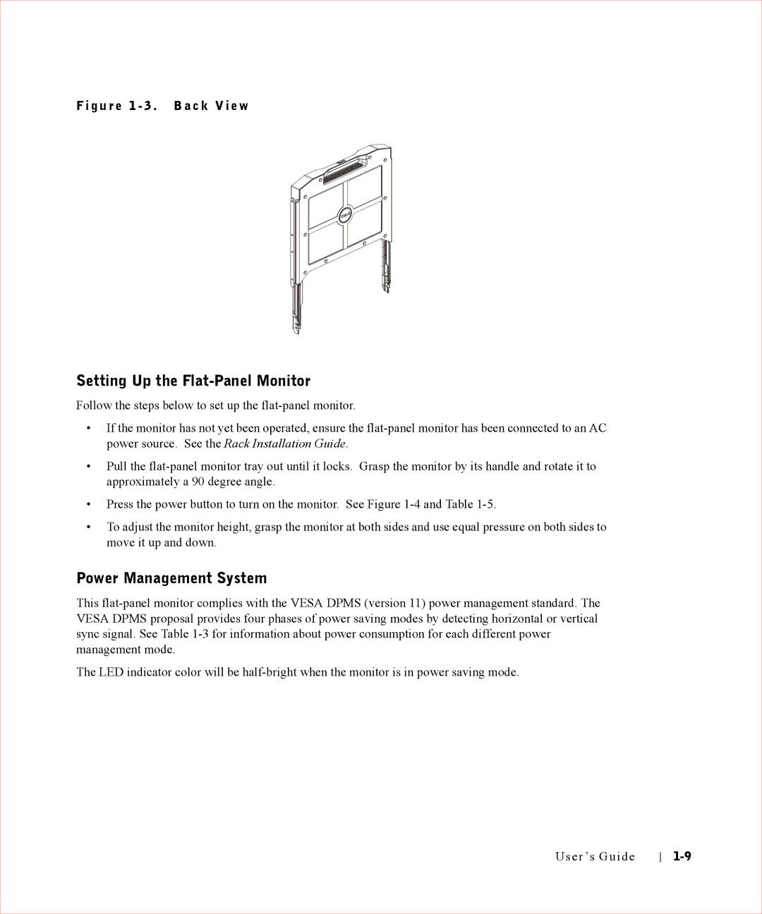 Dell Rack Console 17FP manual Setting Up the Flat-Panel Monitor, Power Management System, G u r e 1 3 . B a c k V i e w 