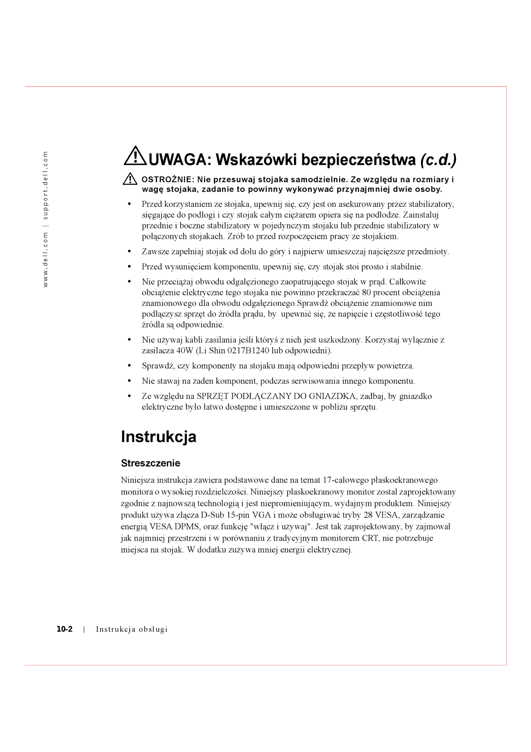 Dell Rack Console 17FP manual Uwaga Wskazówki bezpieczeństwa c.d, Instrukcja, Streszczenie, 10-2 