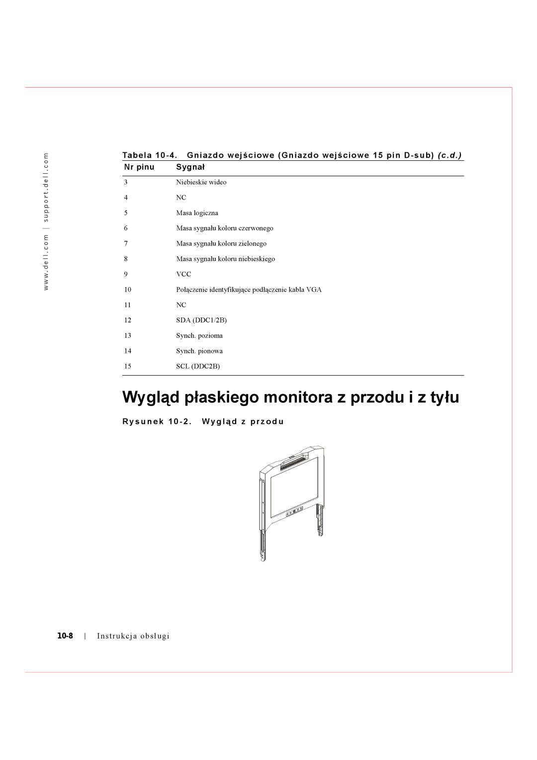 Dell Rack Console 17FP manual Wygląd płaskiego monitora z przodu i z tyłu, S u n e k 1 0 2 . Wy g l ą d z p r z o d u, 10-8 