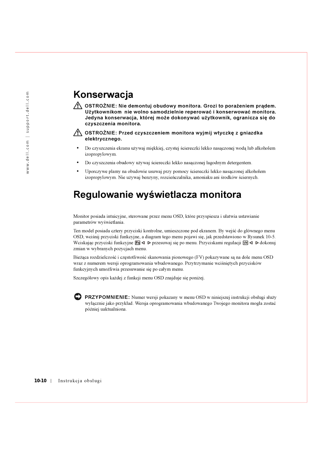 Dell Rack Console 17FP manual Konserwacja, Regulowanie wyświetlacza monitora, 10-10 