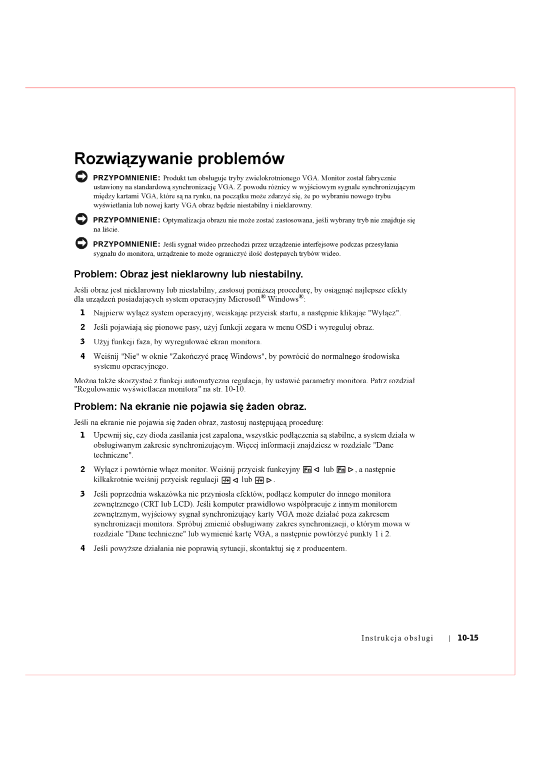 Dell Rack Console 17FP manual Rozwiązywanie problemów, Problem Obraz jest nieklarowny lub niestabilny, 10-15 