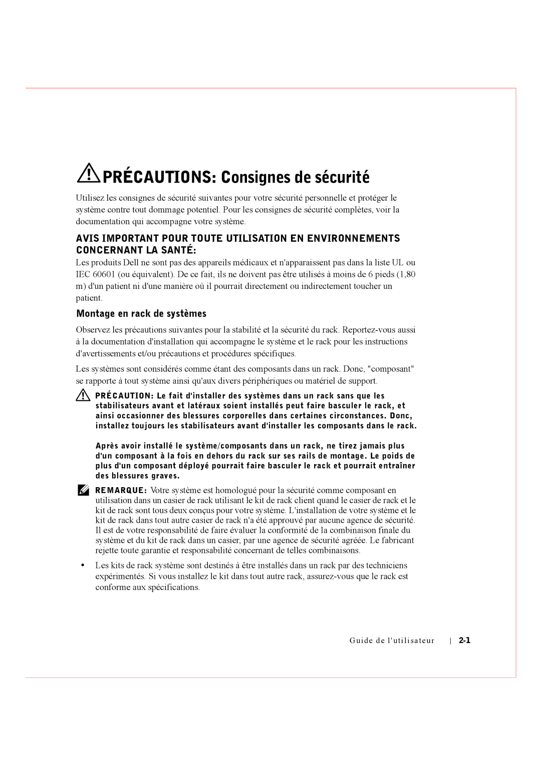 Dell Rack Console 17FP manual Précautions Consignes de sécurité, Montage en rack de systèmes 