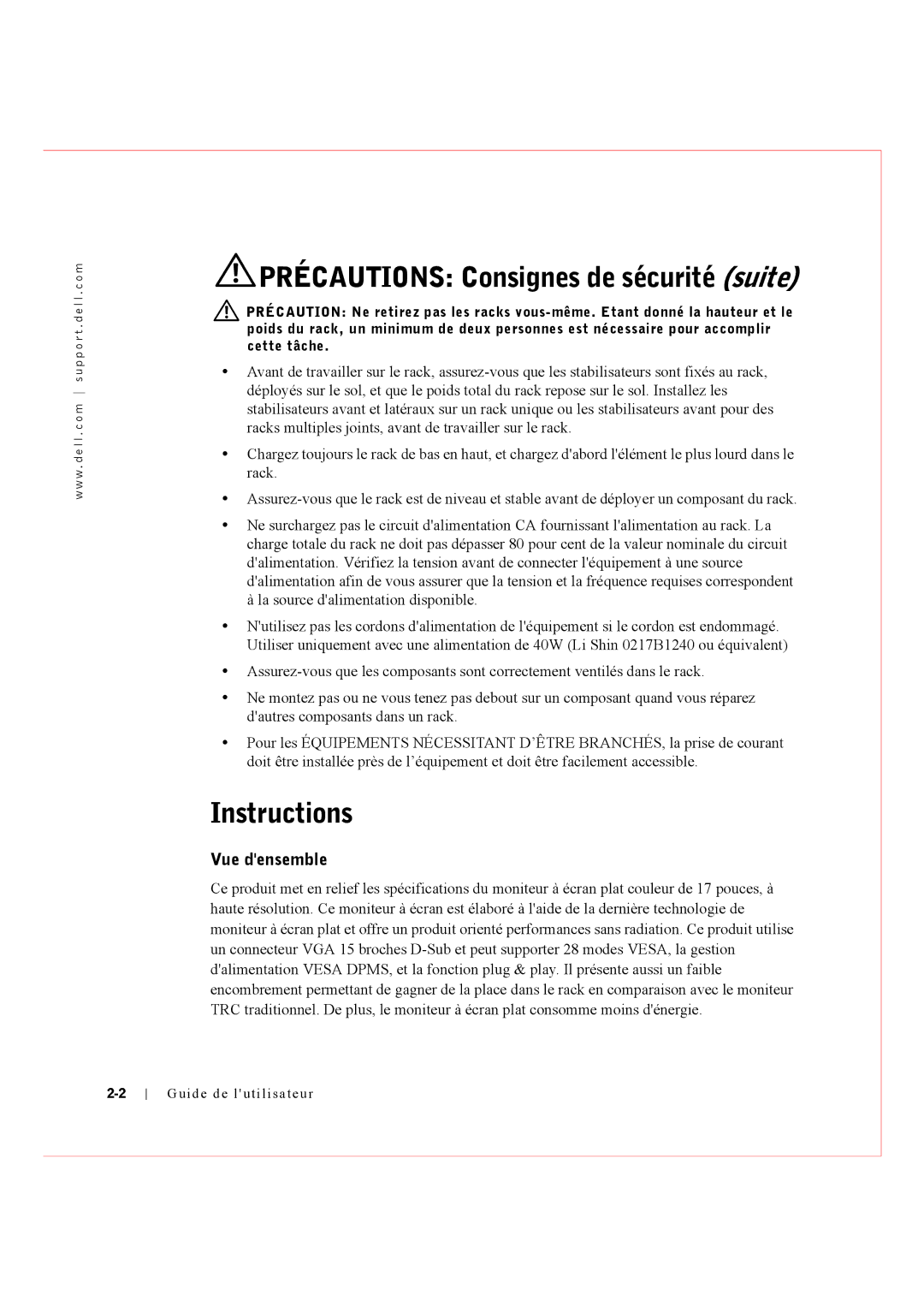 Dell Rack Console 17FP manual Précautions Consignes de sécurité suite, Instructions, Vue densemble 