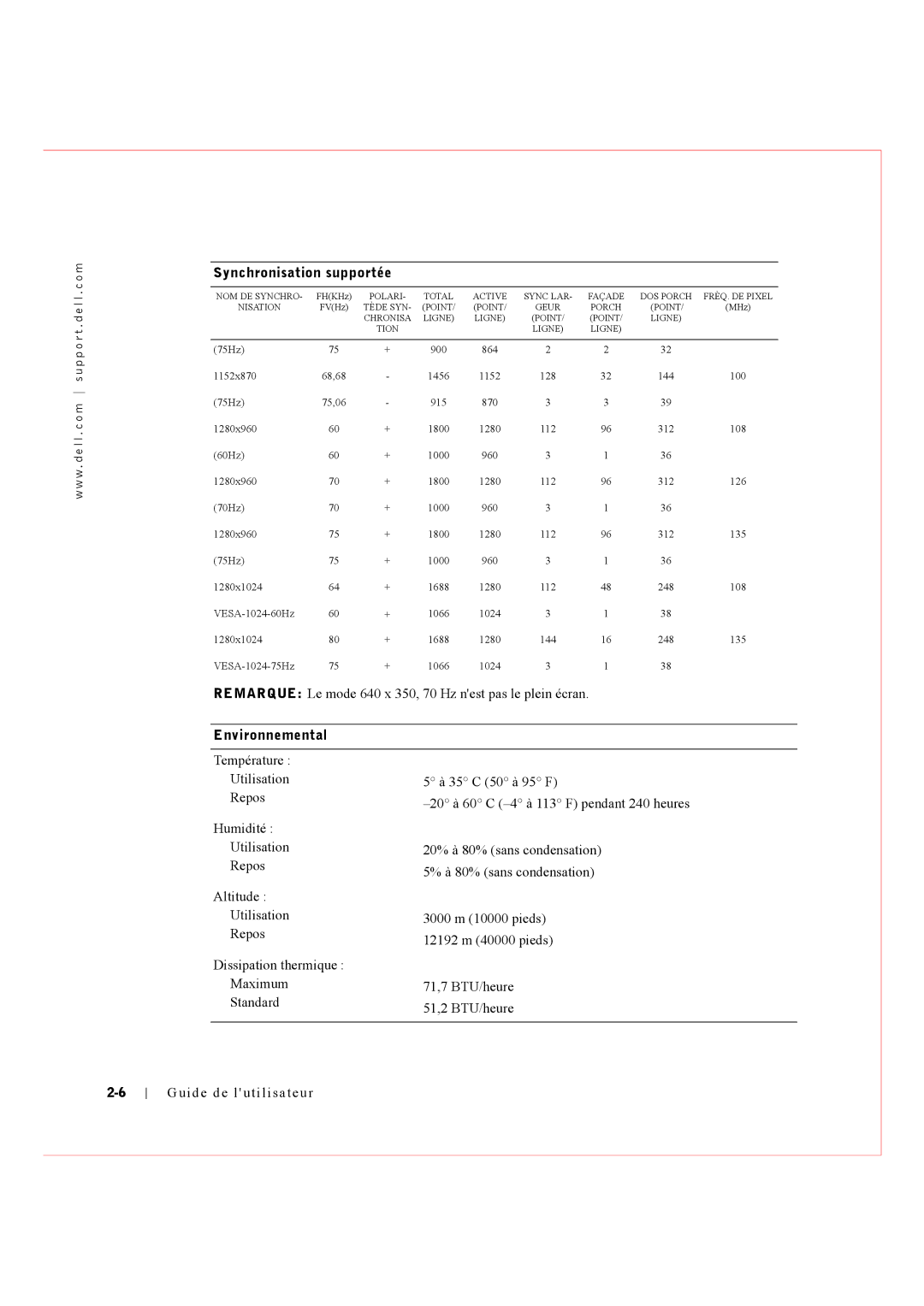 Dell Rack Console 17FP manual Environnemental 