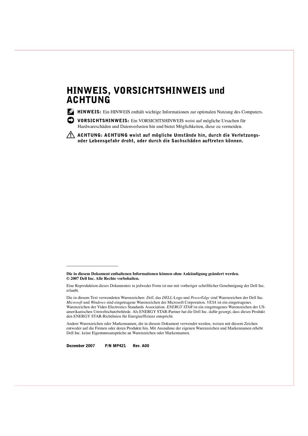 Dell Rack Console 17FP manual HINWEIS, Vorsichtshinweis und, Achtung 