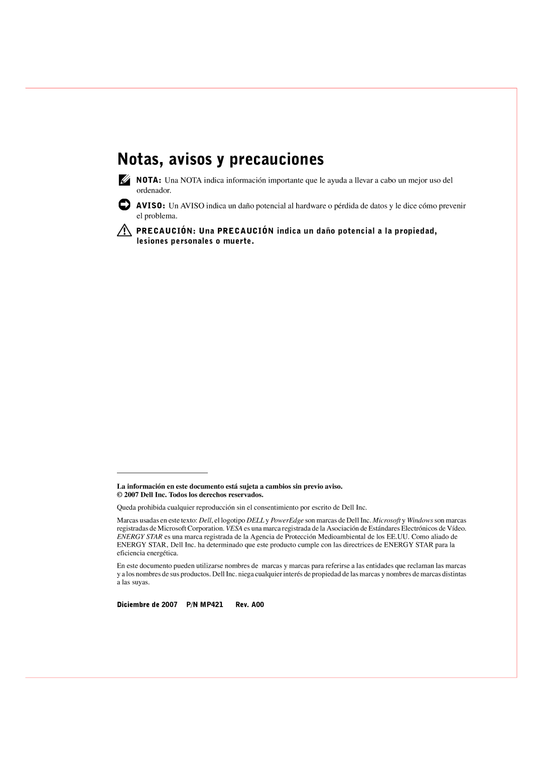 Dell Rack Console 17FP manual Notas, avisos y precauciones 