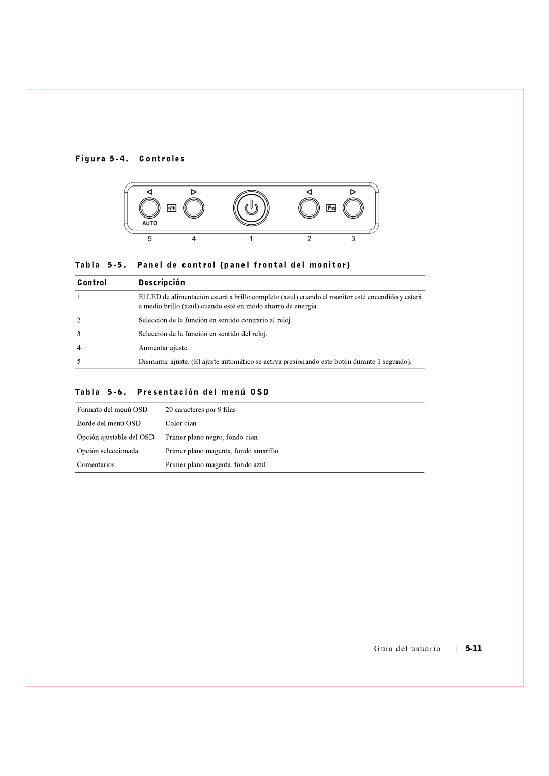 Dell Rack Console 17FP manual Ta b l a 5 6 . P r e s e n t a c i ó n d e l m e n ú O S D, Caracteres por 9 filas Color cian 