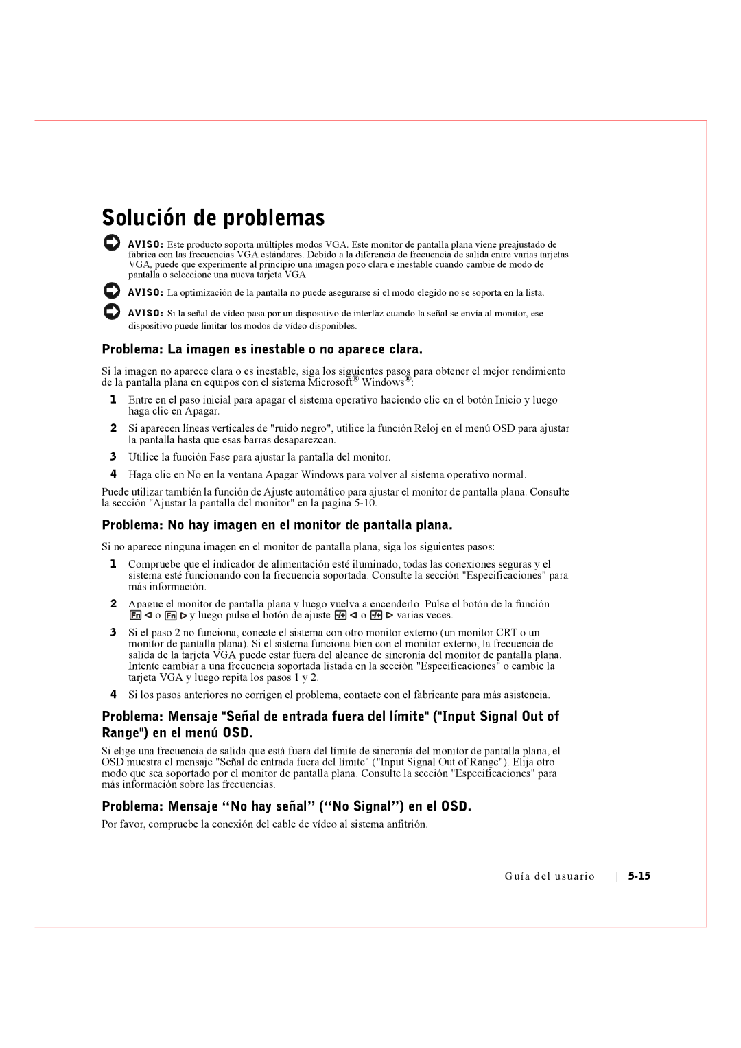 Dell Rack Console 17FP manual Solución de problemas, Problema La imagen es inestable o no aparece clara 