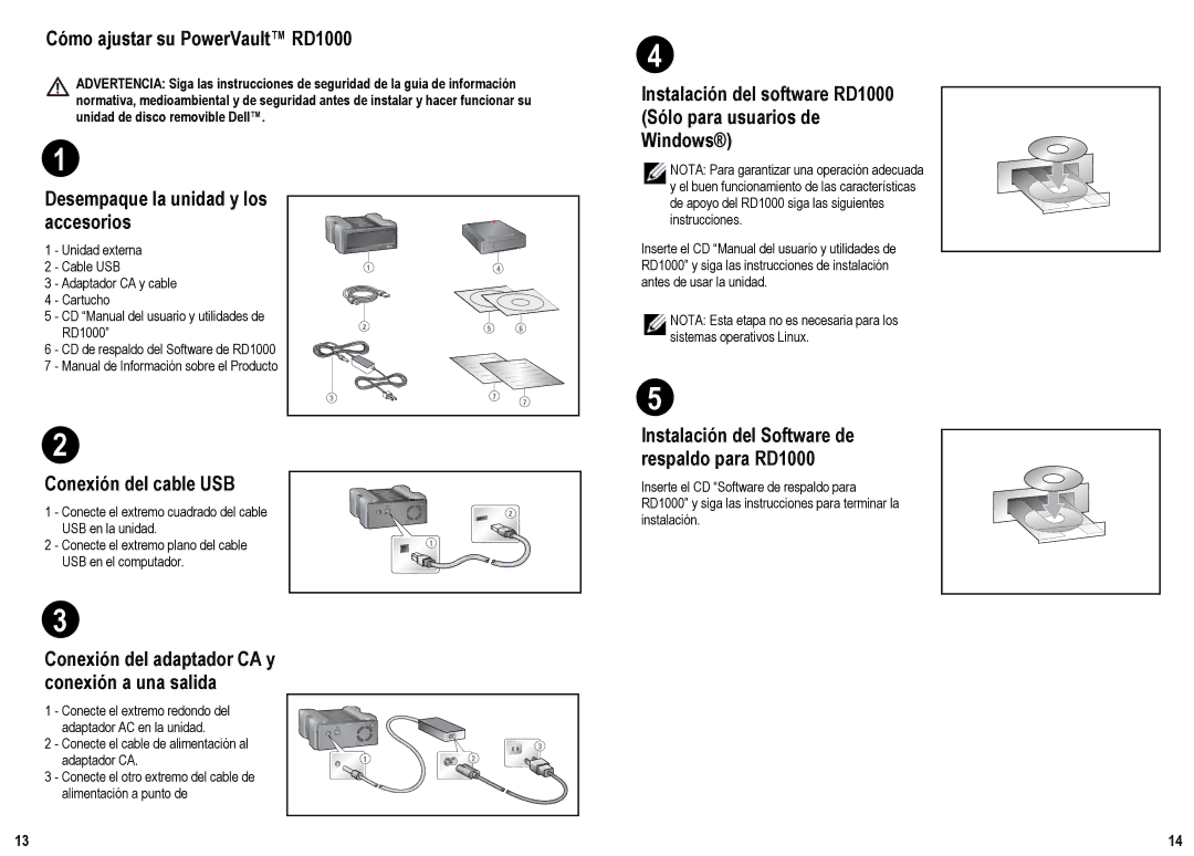 Dell manual Cómo ajustar su PowerVault RD1000, Desempaque la unidad y los accesorios, Conexión del cable USB 