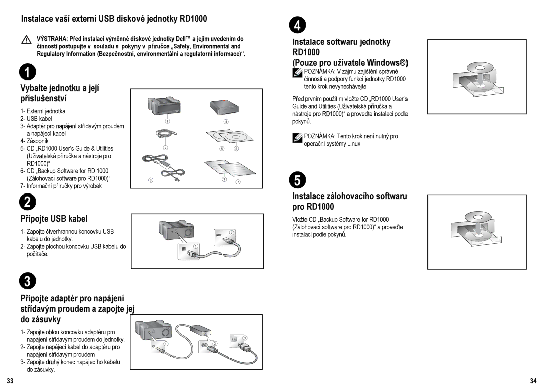 Dell manual Instalace vaší externí USB diskové jednotky RD1000, Instalace softwaru jednotky, Vybalte jednotku a její 