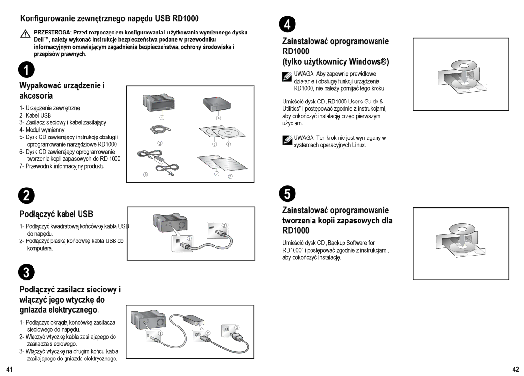 Dell manual Konfigurowanie zewnċtrznego napċdu USB RD1000, Wypakowaý urzĆdzenie Akcesoria 