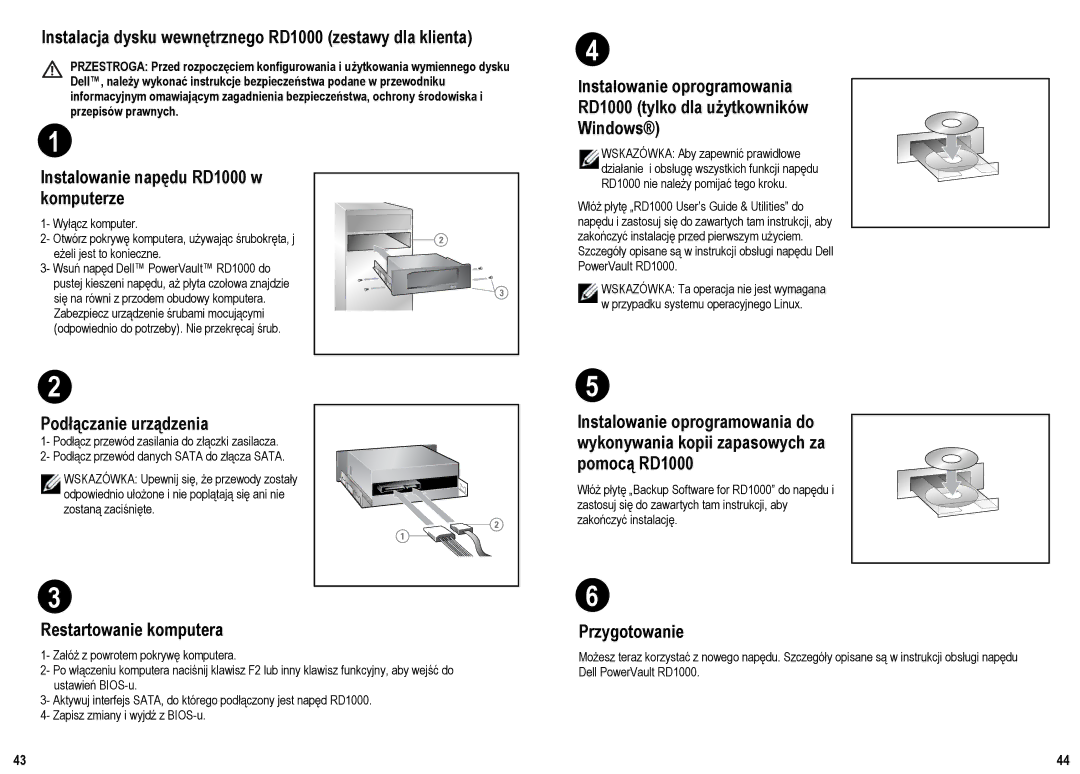 Dell manual Instalacja dysku wewnċtrznego RD1000 zestawy dla klienta, PodâĆczanie urzĆdzenia, Restartowanie komputera 