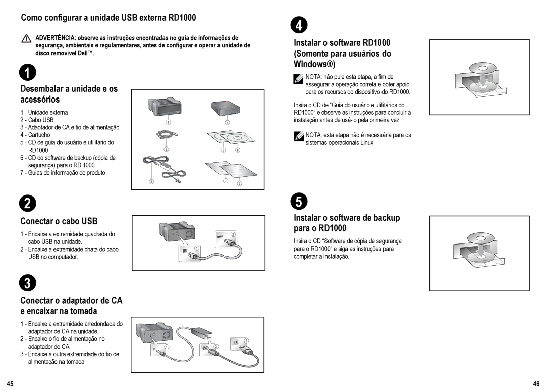 Dell Como configurar a unidade USB externa RD1000, Conectar o cabo USB, Conectar o adaptador de CA e encaixar na tomada 