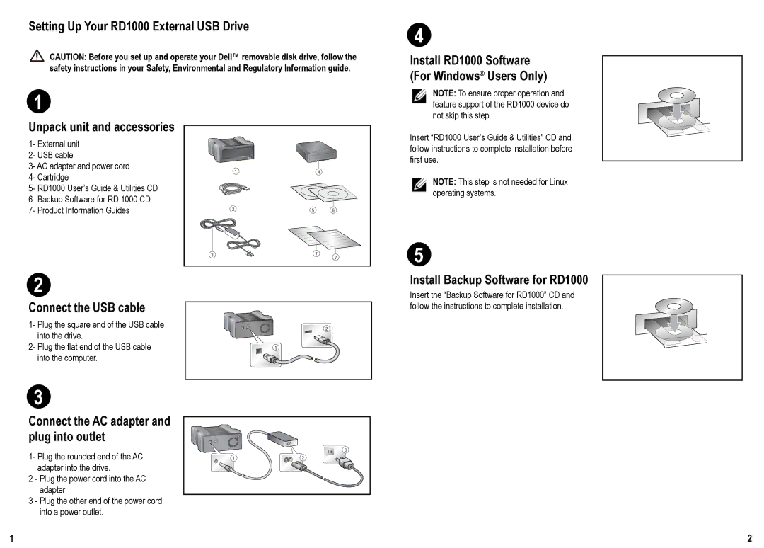 Dell manual Connect the USB cable, Connect the AC adapter and plug into outlet, Install Backup Software for RD1000 