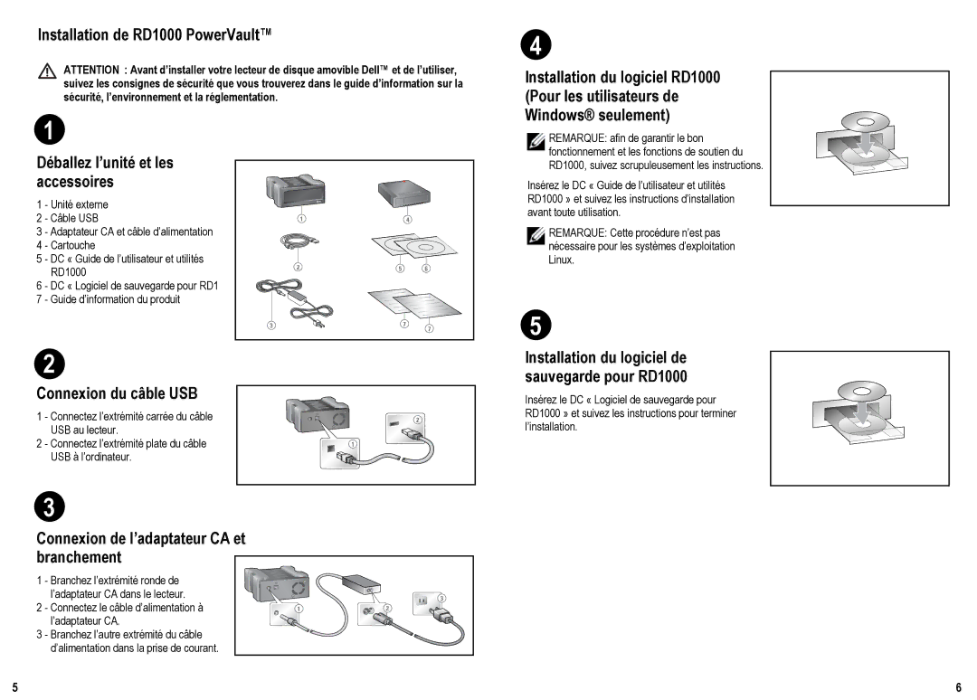 Dell RD1000 manual Déballez l’unité et les accessoires, Connexion du câble USB, Connexion de l’adaptateur CA et branchement 