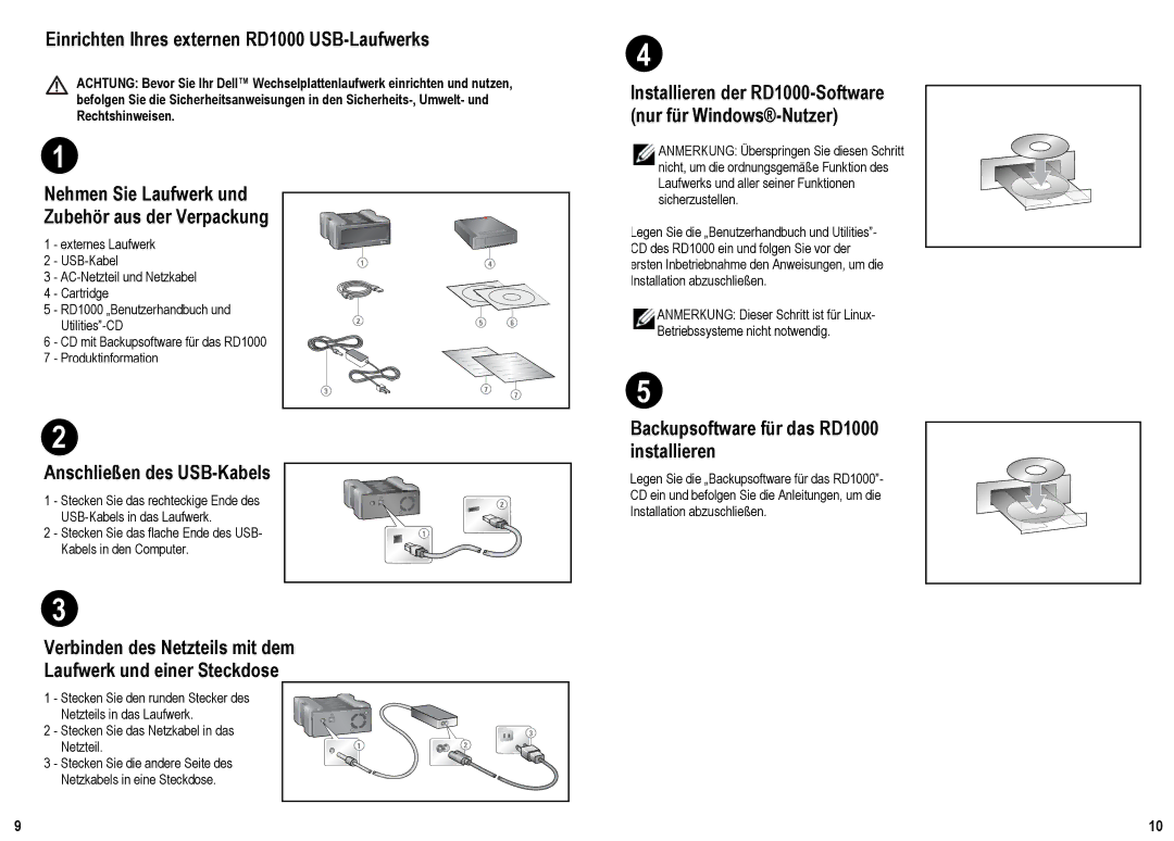 Dell manual Einrichten Ihres externen RD1000 USB-Laufwerks, Installieren der RD1000-Software nur für Windows-Nutzer 