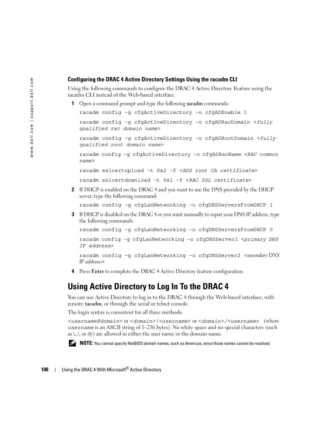 Dell Remote Access Controller 4 Firmware Version 1.30 manual Using Active Directory to Log In To the Drac, 100 