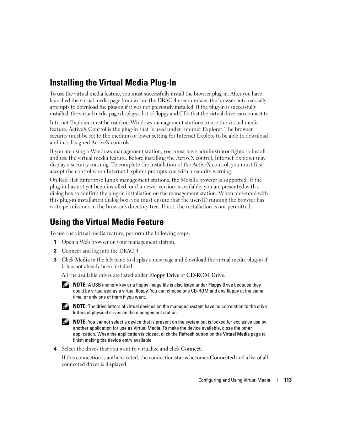 Dell Remote Access Controller 4 Firmware Version 1.30 manual Installing the Virtual Media Plug-In, 113 