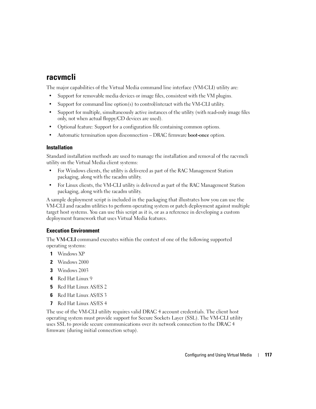 Dell Remote Access Controller 4 Firmware Version 1.30 manual Racvmcli, Installation, Execution Environment, 117 