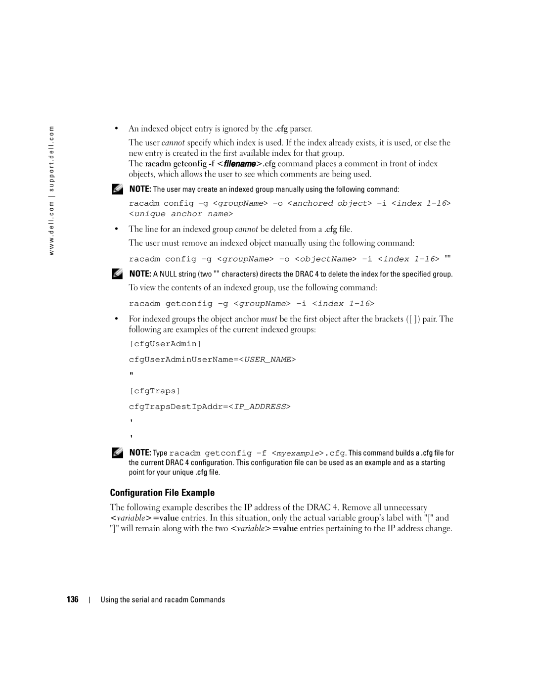 Dell Remote Access Controller 4 Firmware Version 1.30 Configuration File Example, Racadm getconfig -g groupName -i index 