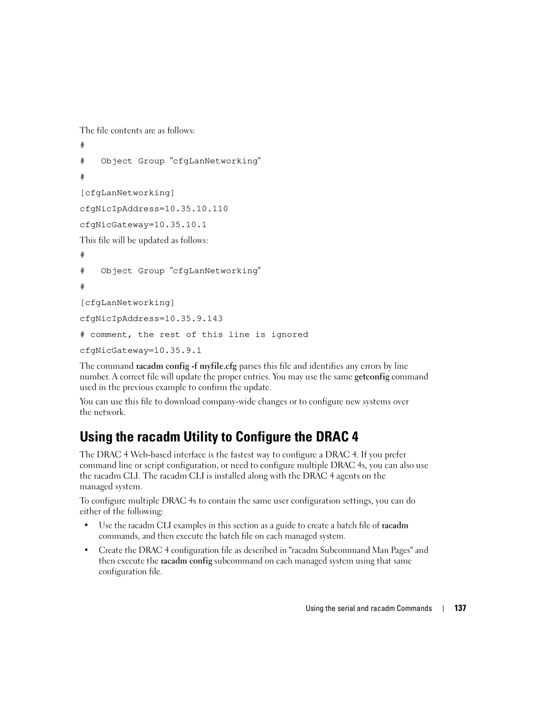 Dell Remote Access Controller 4 Firmware Version 1.30 manual Using the racadm Utility to Configure the Drac, 137 