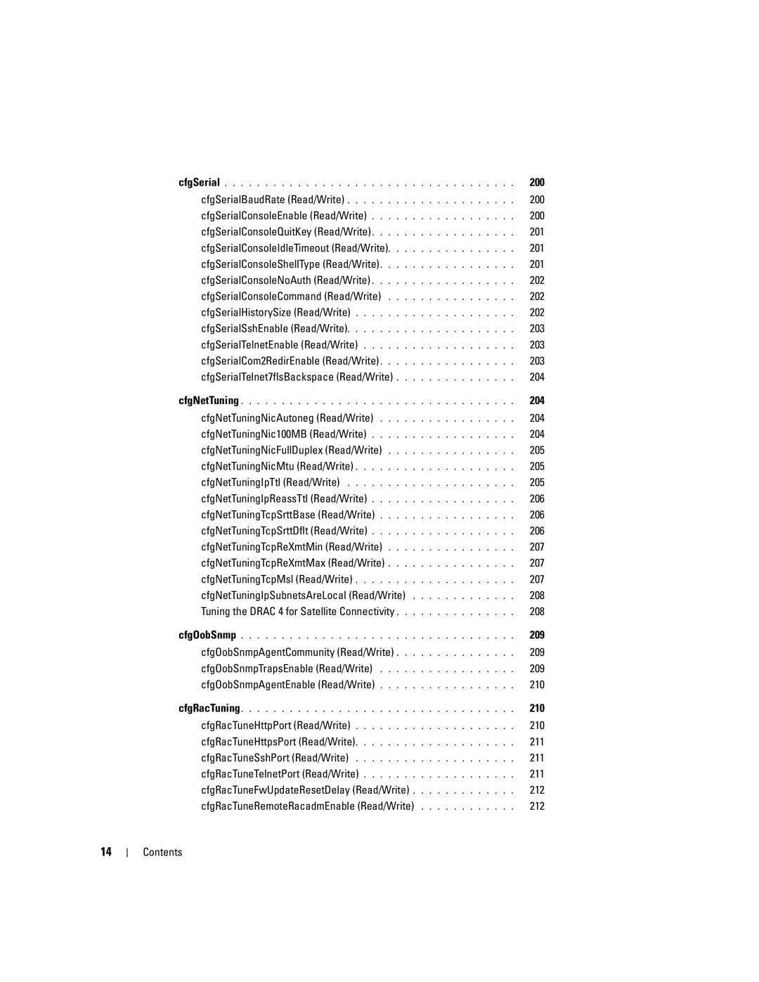 Dell Remote Access Controller 4 Firmware Version 1.30 manual 200, 203, CfgNetTuningNicAutoneg Read/Write 204, 209, 211 