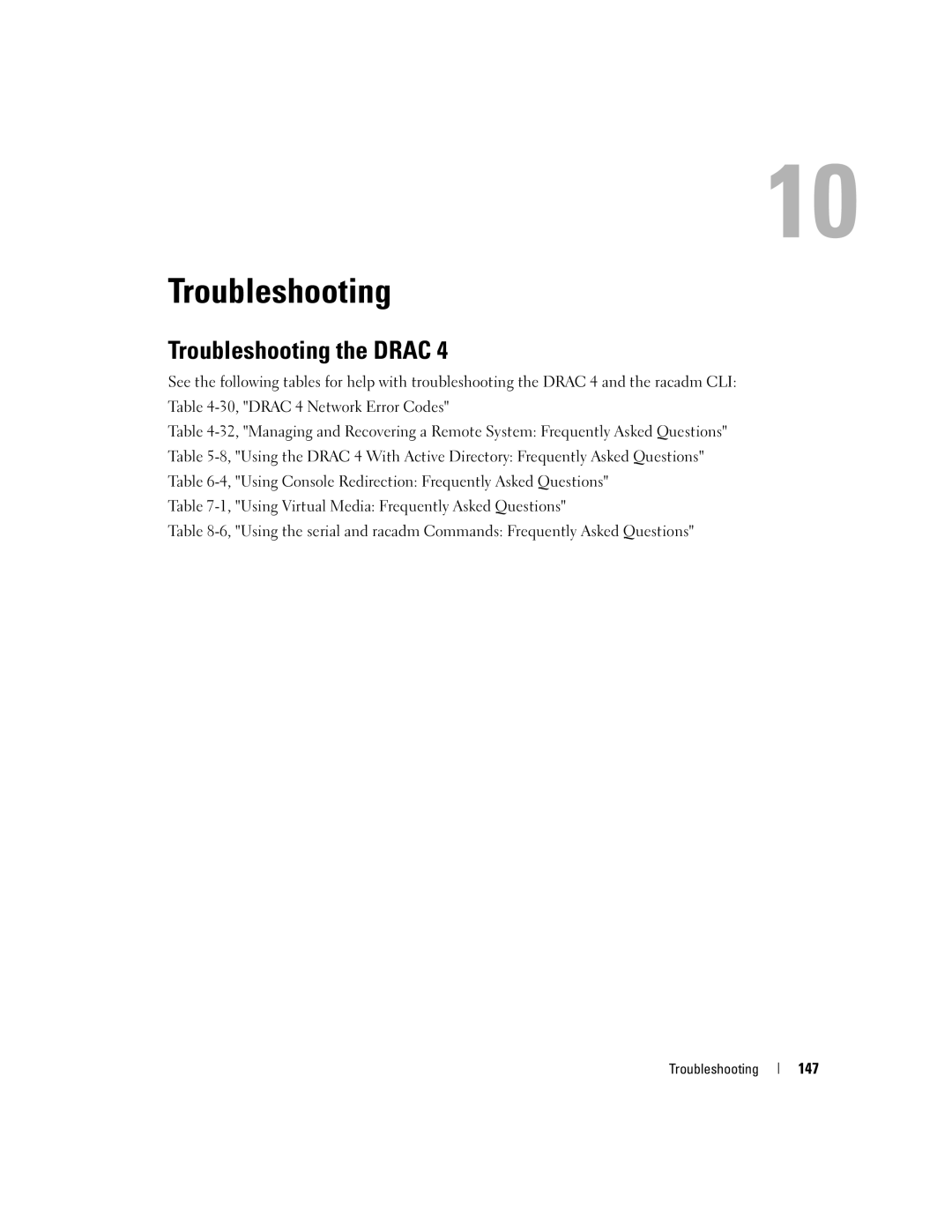 Dell Remote Access Controller 4 Firmware Version 1.30 manual Troubleshooting the Drac, 147 