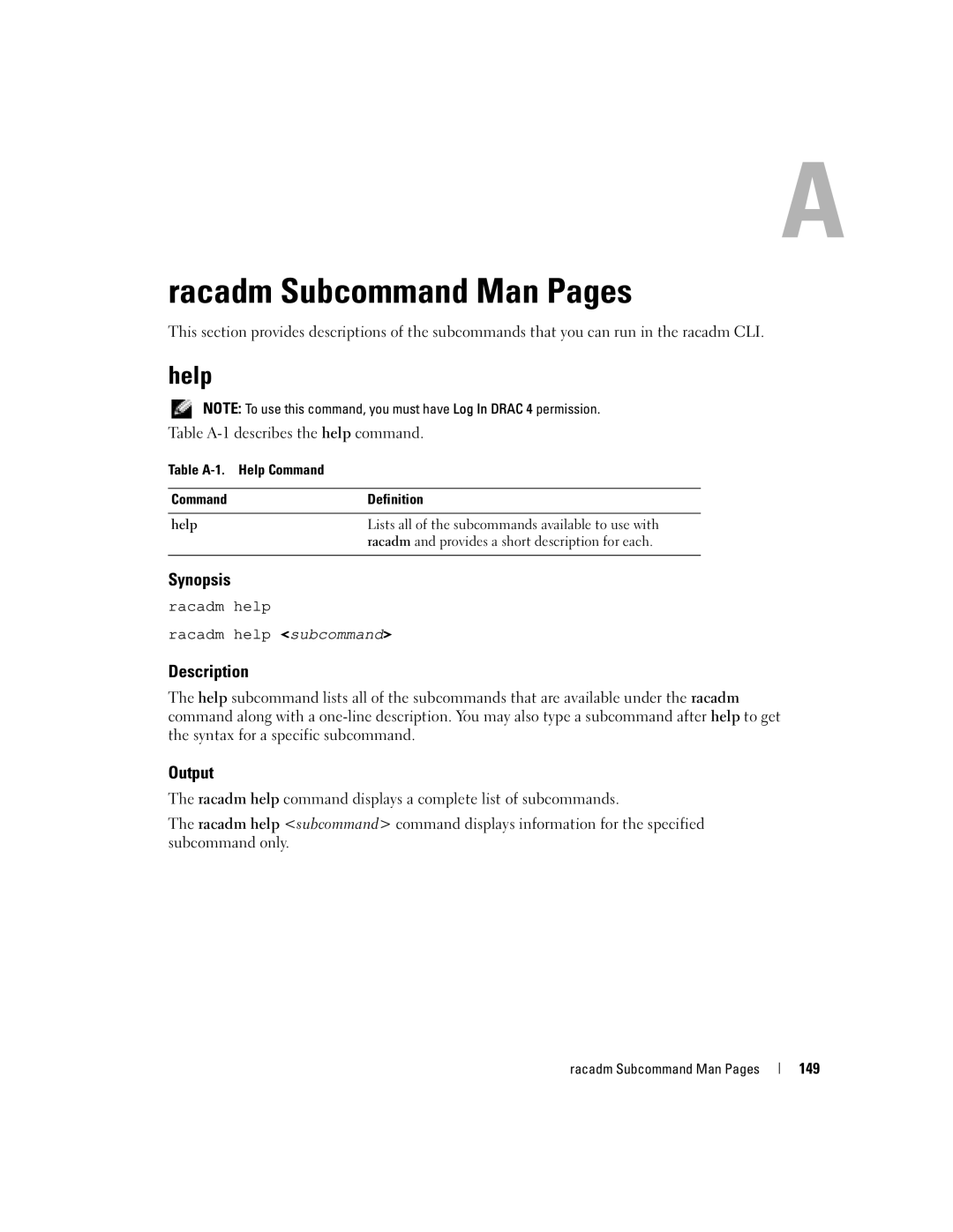 Dell Remote Access Controller 4 Firmware Version 1.30 manual Help, Synopsis, Description, Output 