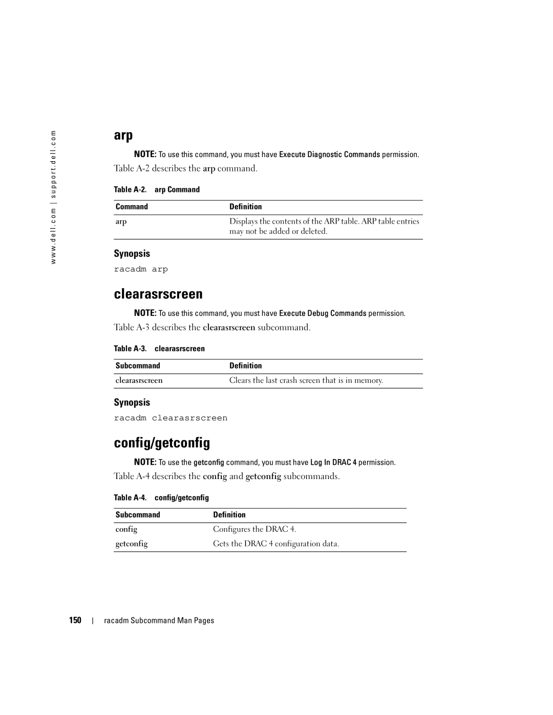 Dell Remote Access Controller 4 Firmware Version 1.30 manual Arp, Clearasrscreen, Config/getconfig, Racadm arp 