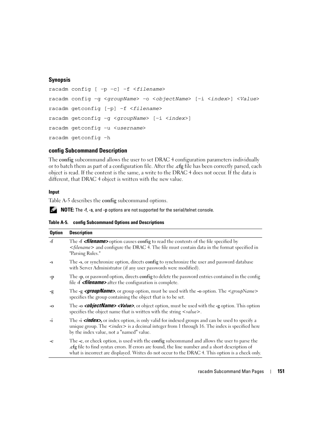 Dell Remote Access Controller 4 Firmware Version 1.30 manual Config Subcommand Description, Racadm getconfig Filename, 151 